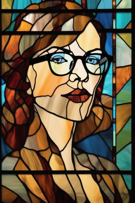 00521-3678519957-_lora_Stained Glass Portrait_1_Stained Glass Portrait - A portrait of an elegant woman wearing glasses, in this modern stained g.png